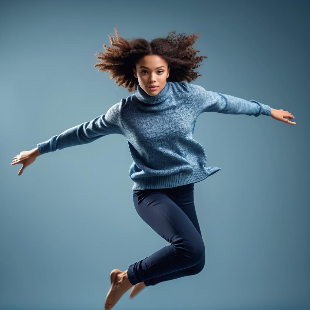 Dynamic Young Woman Jumping in Blue Sweater Against Light Background