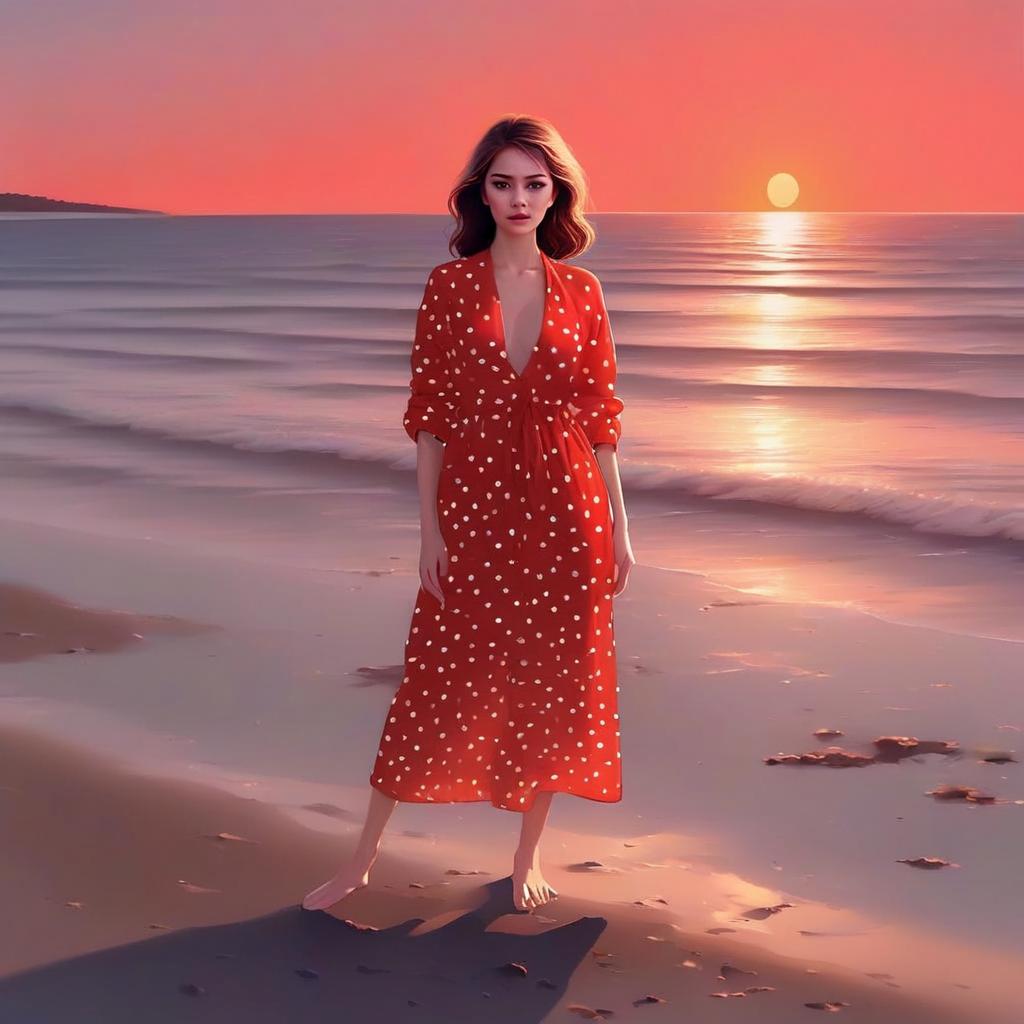 Woman in Red Dress on Beach at Sunset Woman in Red Dress on Beach at Sunset
