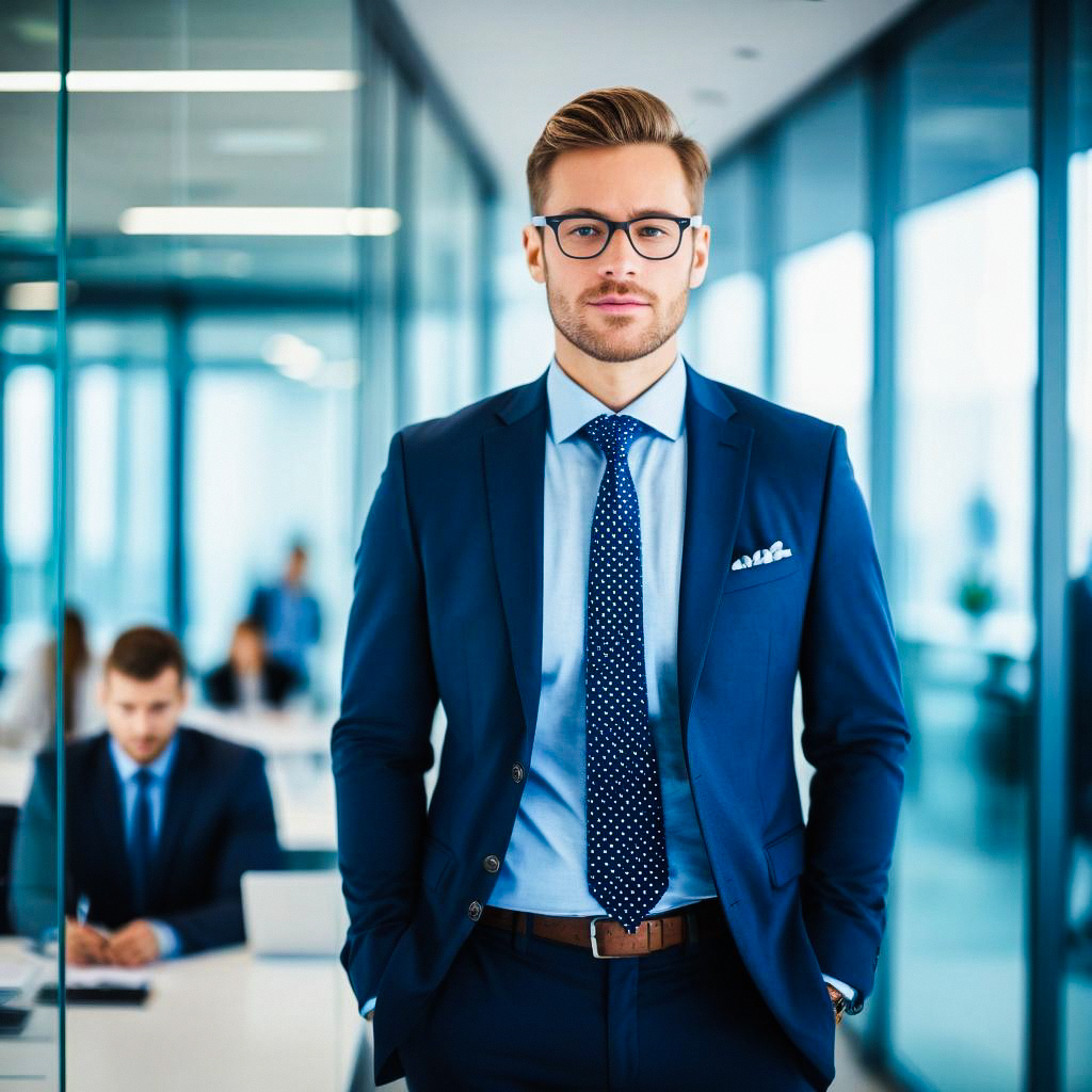 Confident Young Man in Navy Suit at Modern Office Confident Young Man in Navy Suit at Modern Office