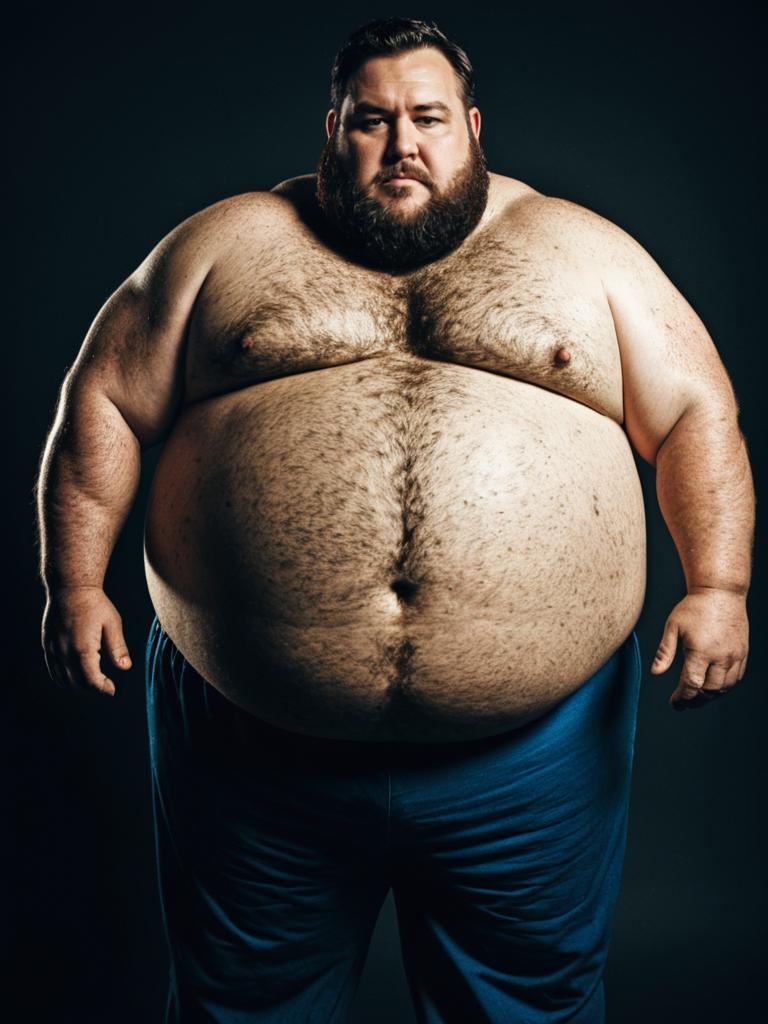 Photorealistic Portrait of Man in Fat Guy Costume with Sharp Detail