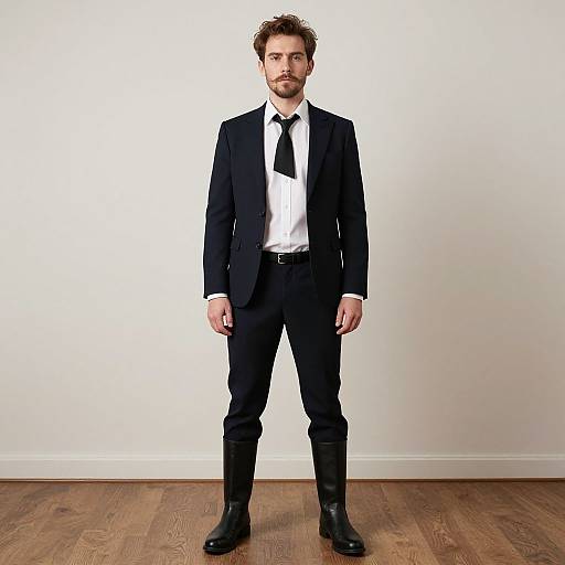 Man in Black Suit with Knee-High Boots Standing in Minimalist Setting