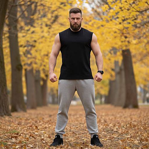 Muscular Man Standing on Autumn Path in Casual Sportswear