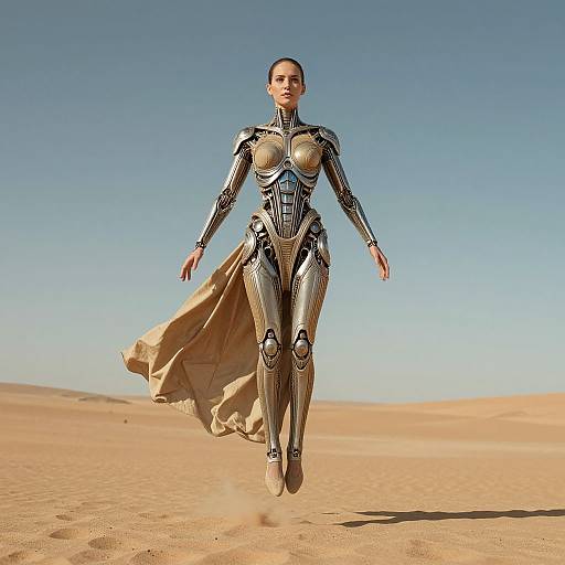 Futuristic Woman in Metallic Robot Suit Levitation in Desert