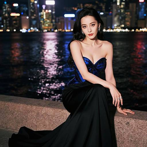 Elegant Woman by Night Waterfront Cityscape in Blue Corset Dress
