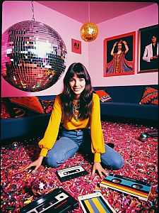 Young Woman in Retro 70s Style Room with Cassette Tapes and Disco Balls