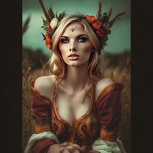 Medieval Fantasy Woman in Floral Crown and Ornate Costume Portrait