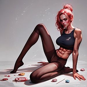 Muscular Woman with Pink Hair Surrounded by Candies