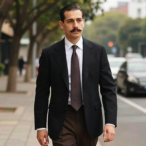 Confident Man in Classic Business Attire Walking in City Street