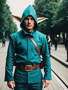 Realistic Man Cosplay Azelf Costume on Urban Street
