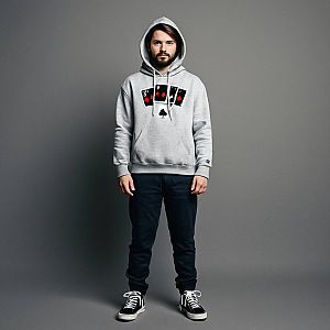 Man in Gray Hoodie with Playing Cards Graphic