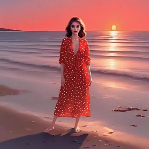 Woman in Red Dress on Beach at Sunset