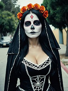 Woman in La Muerte Costume with Sugar Skull Makeup and Orange Rose Crown