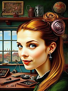 Woman with Blue Eyes and Ginger Hair in Vintage Interior
