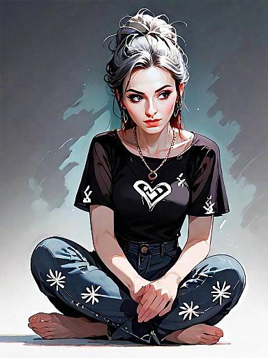 Realistic Digital Illustration of Woman Sitting Cross-Legged in Casual Outfit