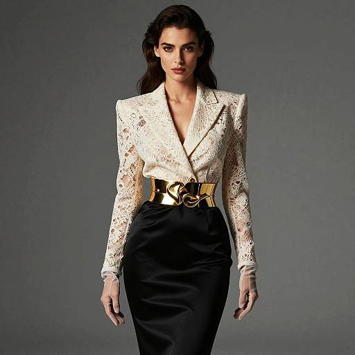 Elegant Woman Wearing Lace Blazer and Metallic Gold Belt Fashion Outfit