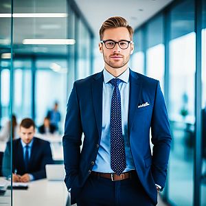 Confident Young Man in Navy Suit at Modern Office