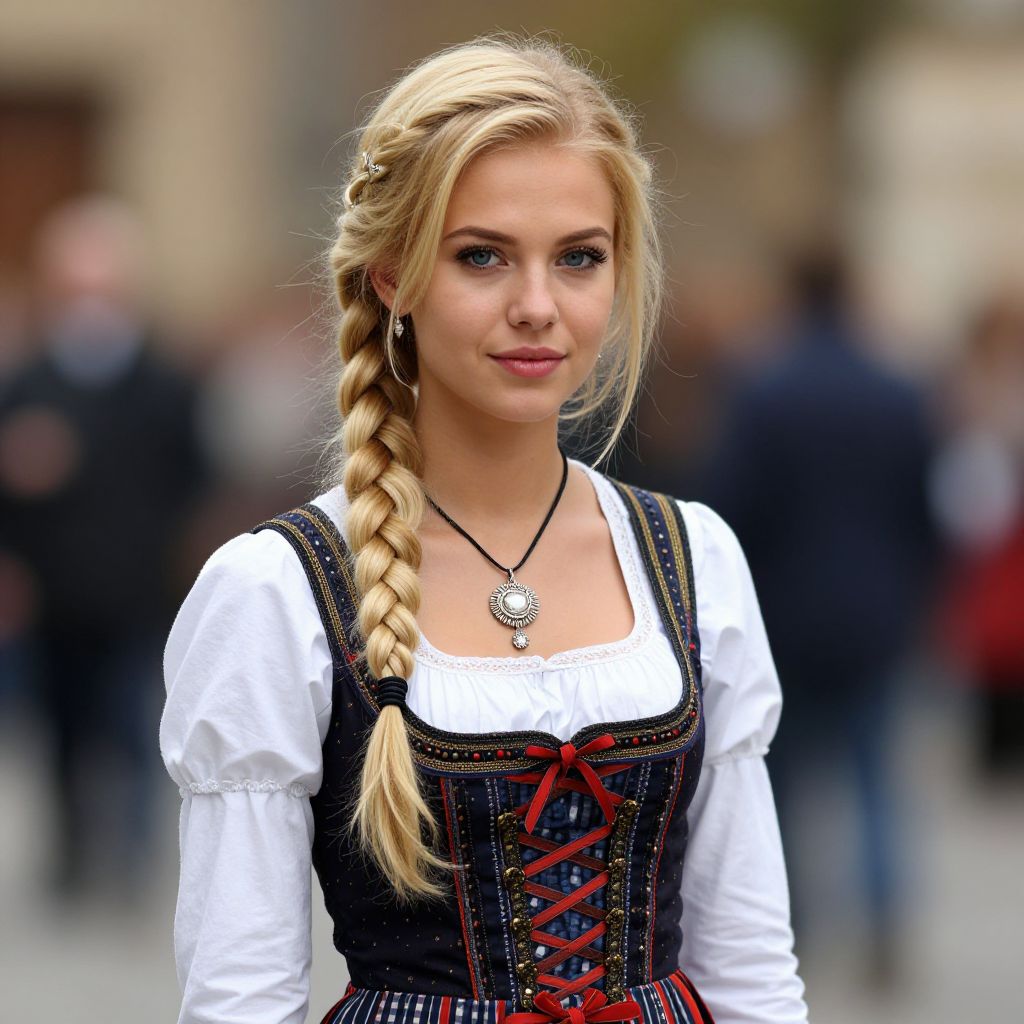 Young Woman Wearing Traditional Bavarian Dirndl Dress with Blonde Braid