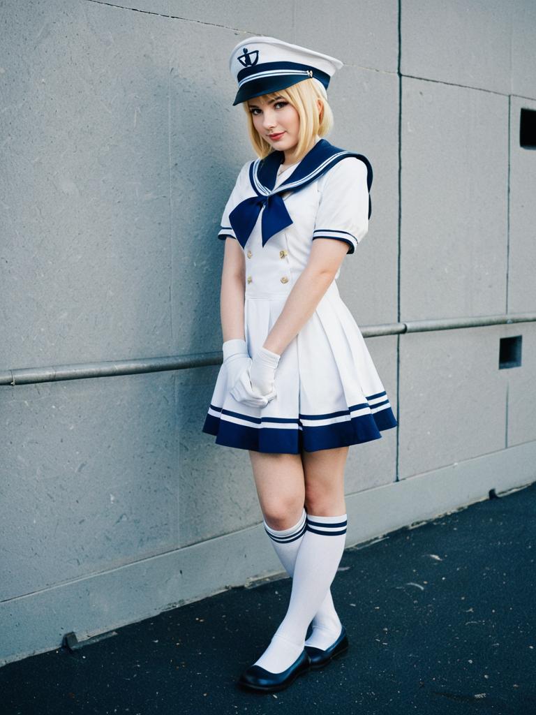 Woman in Navy-Inspired Sailor Uniform Standing Against Gray Wall