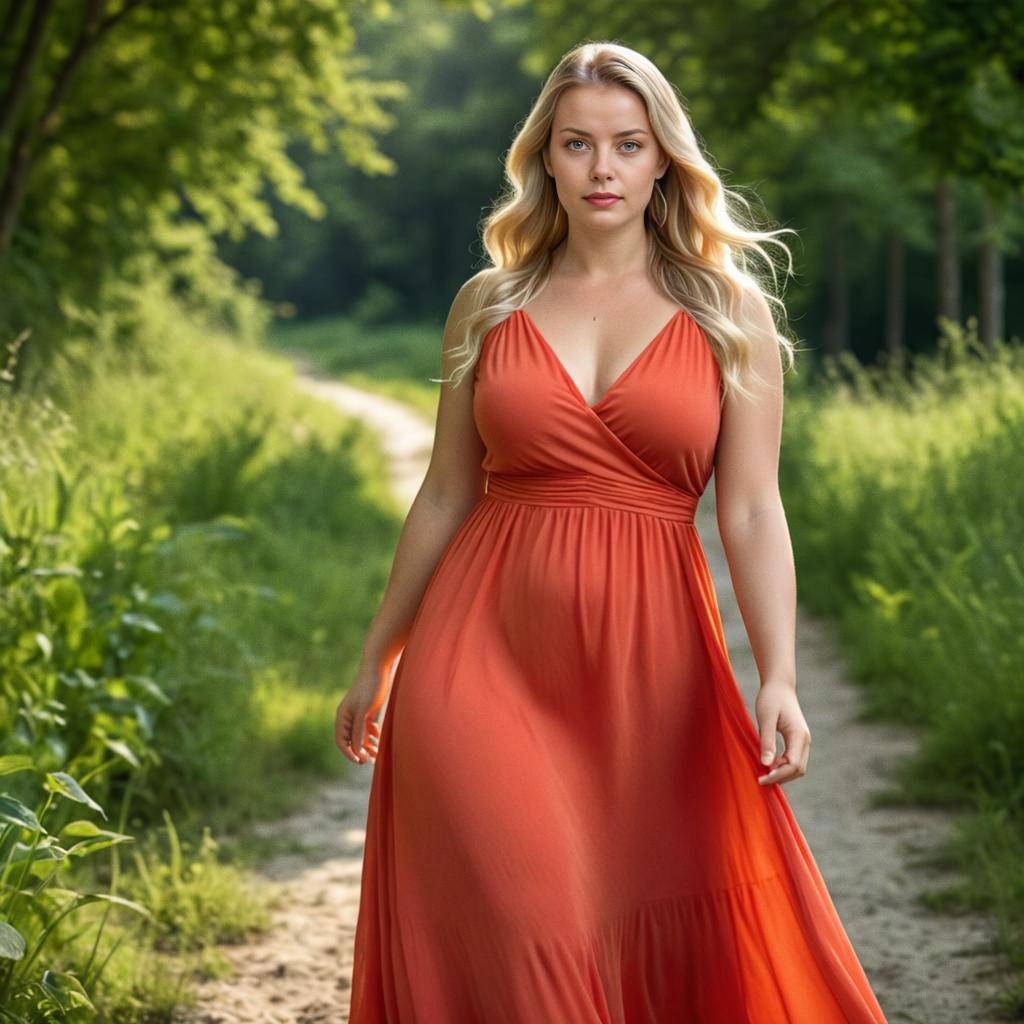 Confident Woman in Orange Dress on Sunlit Path