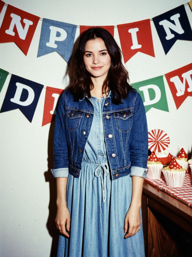 Young Woman Smiling at Birthday Party with Denim Jacket and Cupcakes