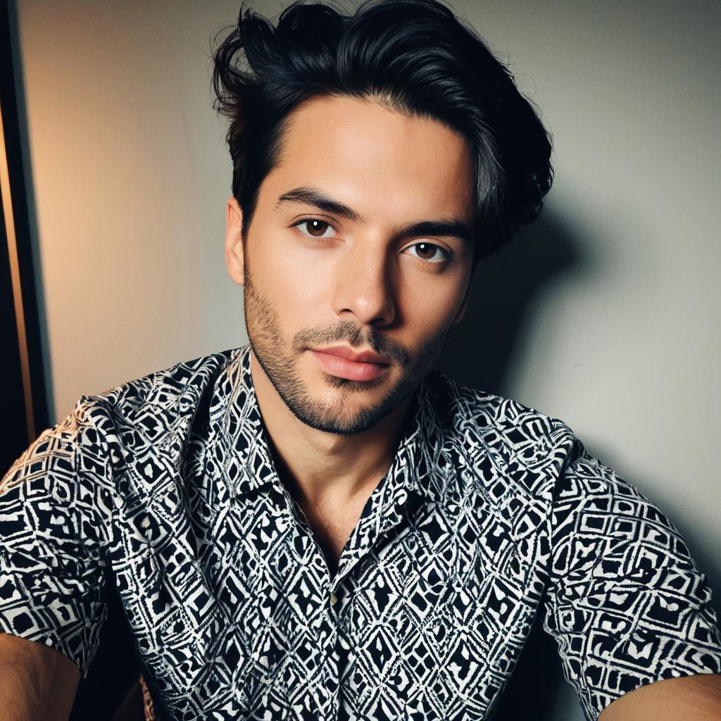 Close-Up Portrait of Young Man in Black and White Patterned Shirt