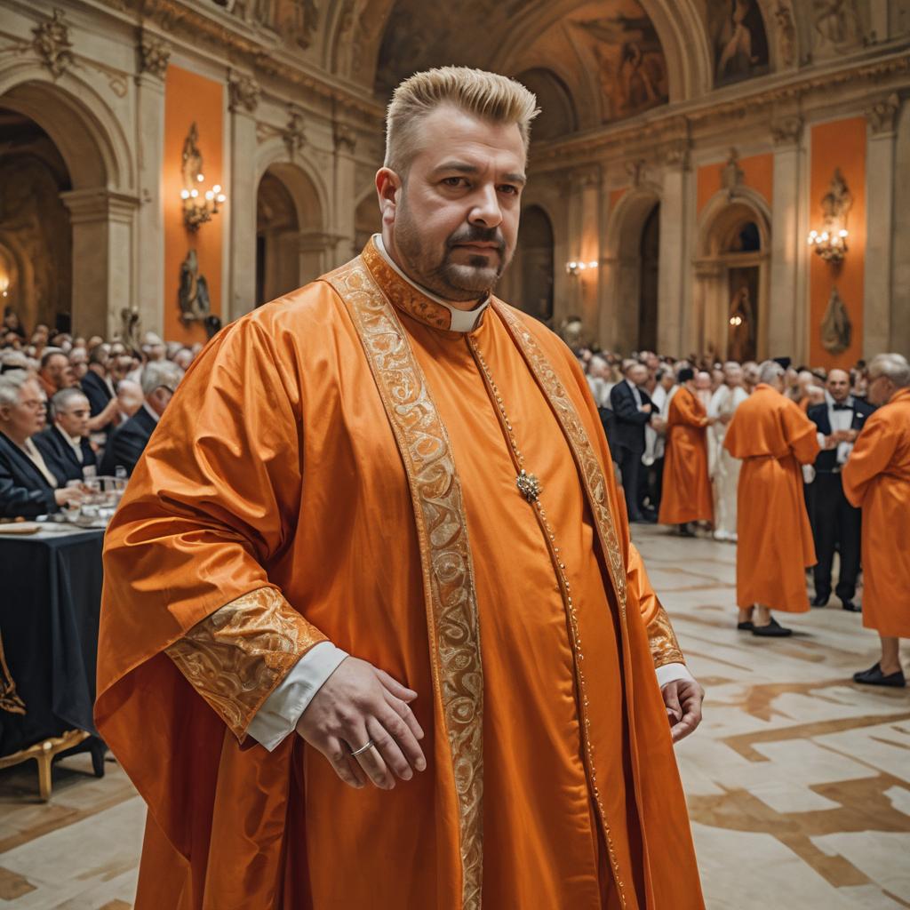 Man in Ornate Orange Ceremonial Robe at Formal Historic Hall Event