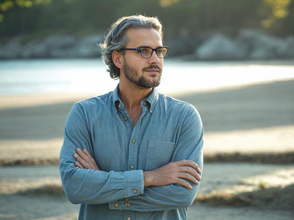 Man with Glasses on Scenic Beach