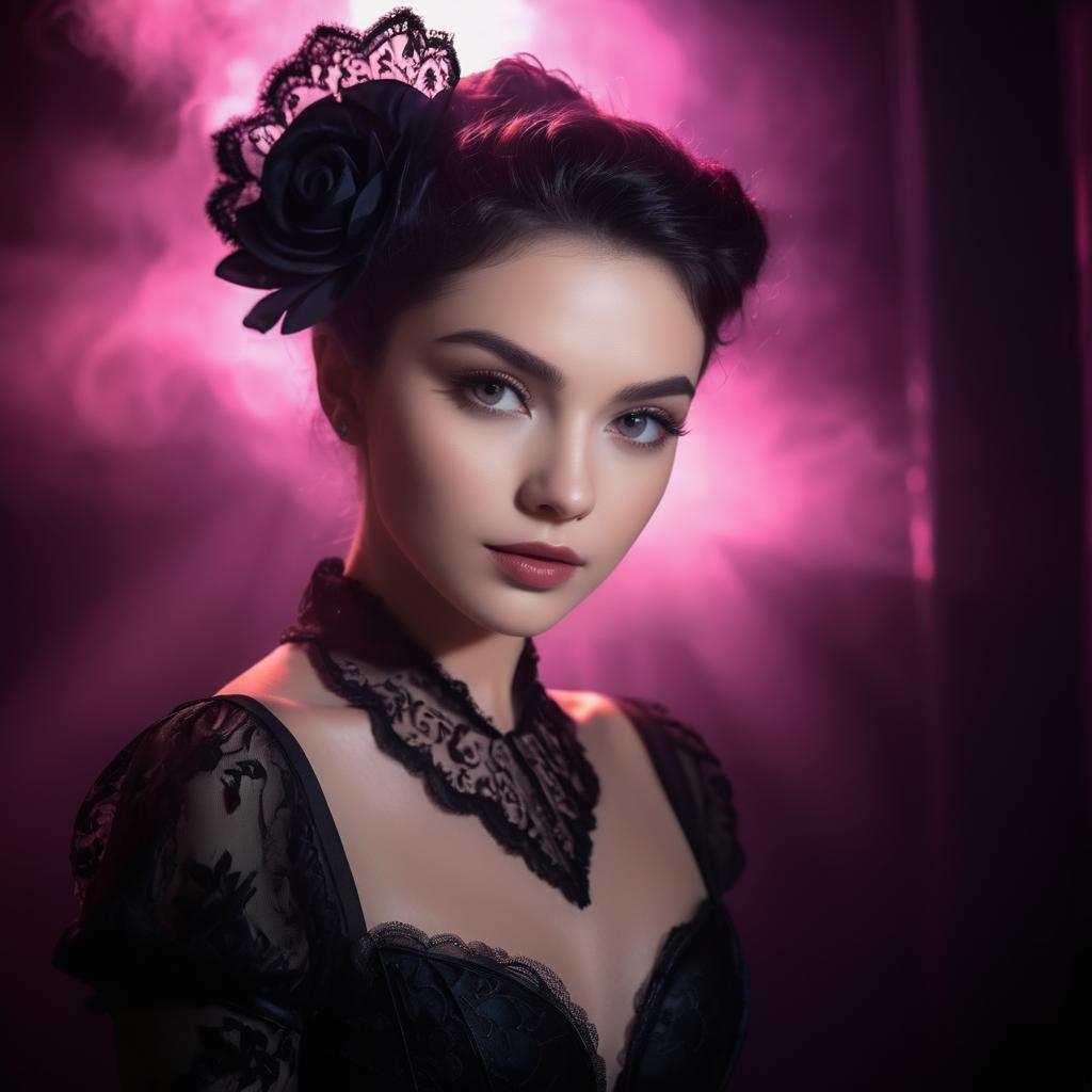 Elegant Woman in Black Lace with Dark Rose Accessory