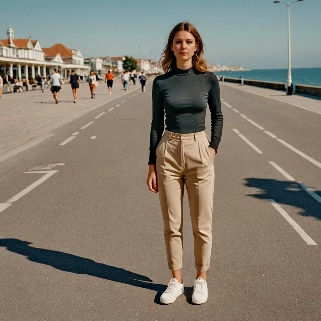 Stylish Woman in Chic Outfit on Seaside Promenade