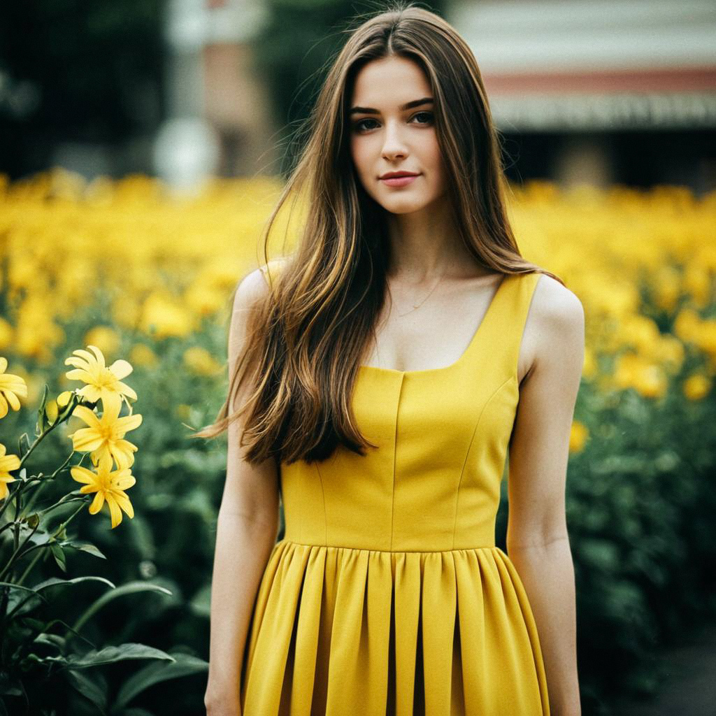 Young Woman in Yellow Dress Among Flowers