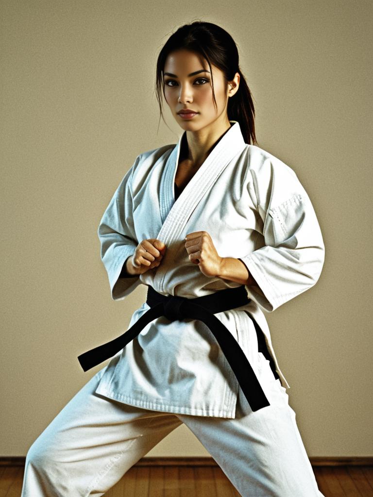 Focused Woman in White Karate Gi with Black Belt Practicing Martial Arts