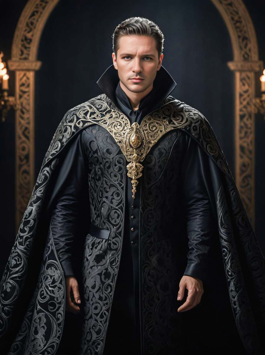 Man in Elegant Dark Cape with Intricate Designs