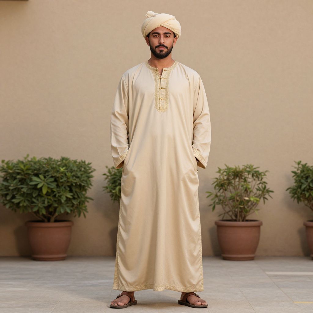 Middle Eastern Man in Traditional Beige Thobe and Turban Standing Outdoors