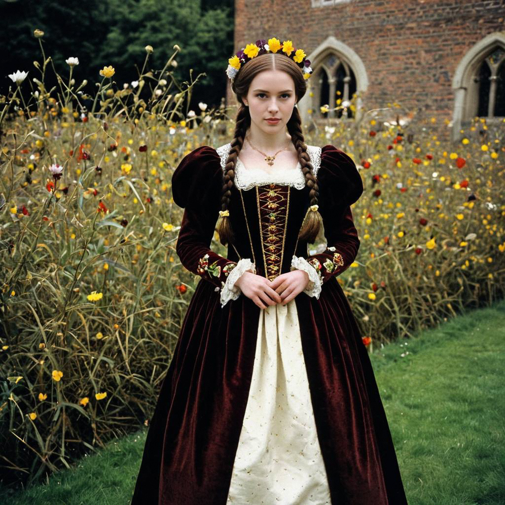 Young Woman in Velvet Renaissance Dress in Garden Young Woman in Velvet Renaissance Dress in Garden