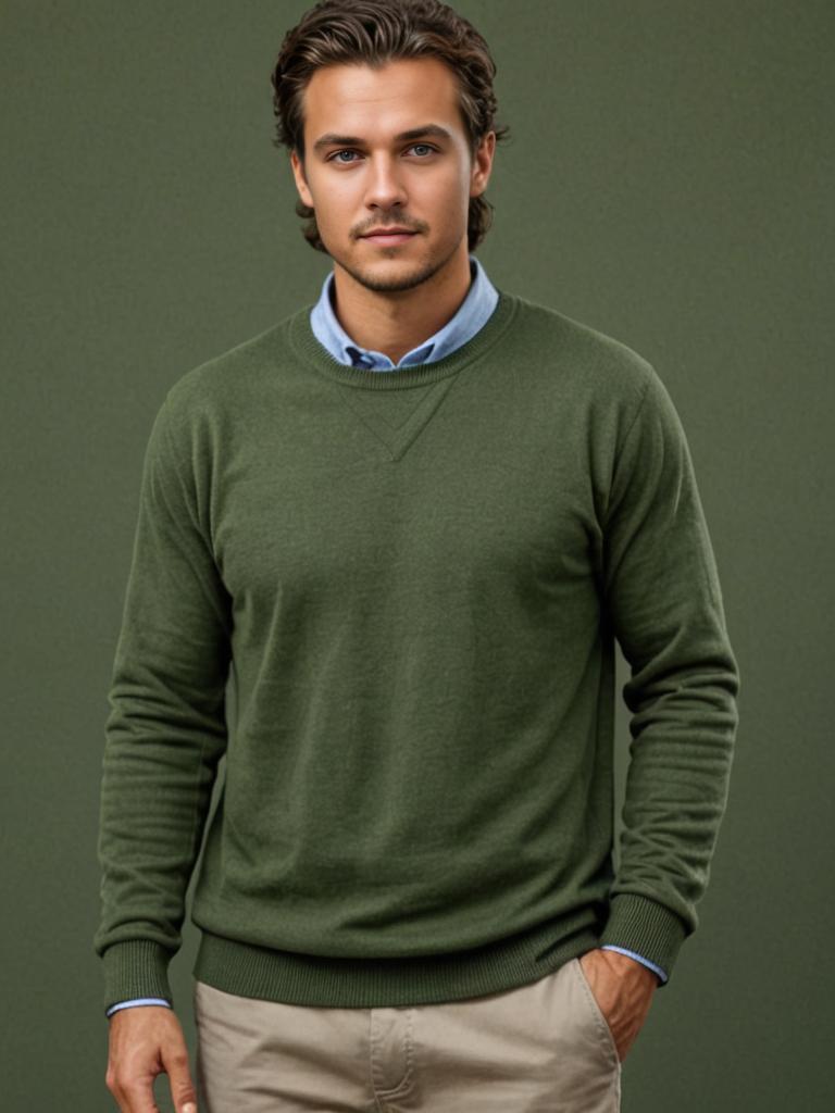 Young man in green sweater, blue shirt