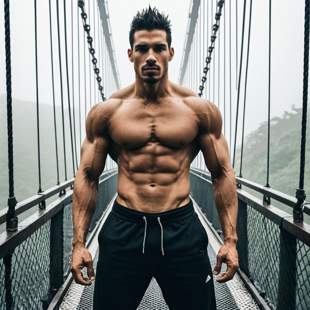 Muscular Man on Misty Suspension Bridge