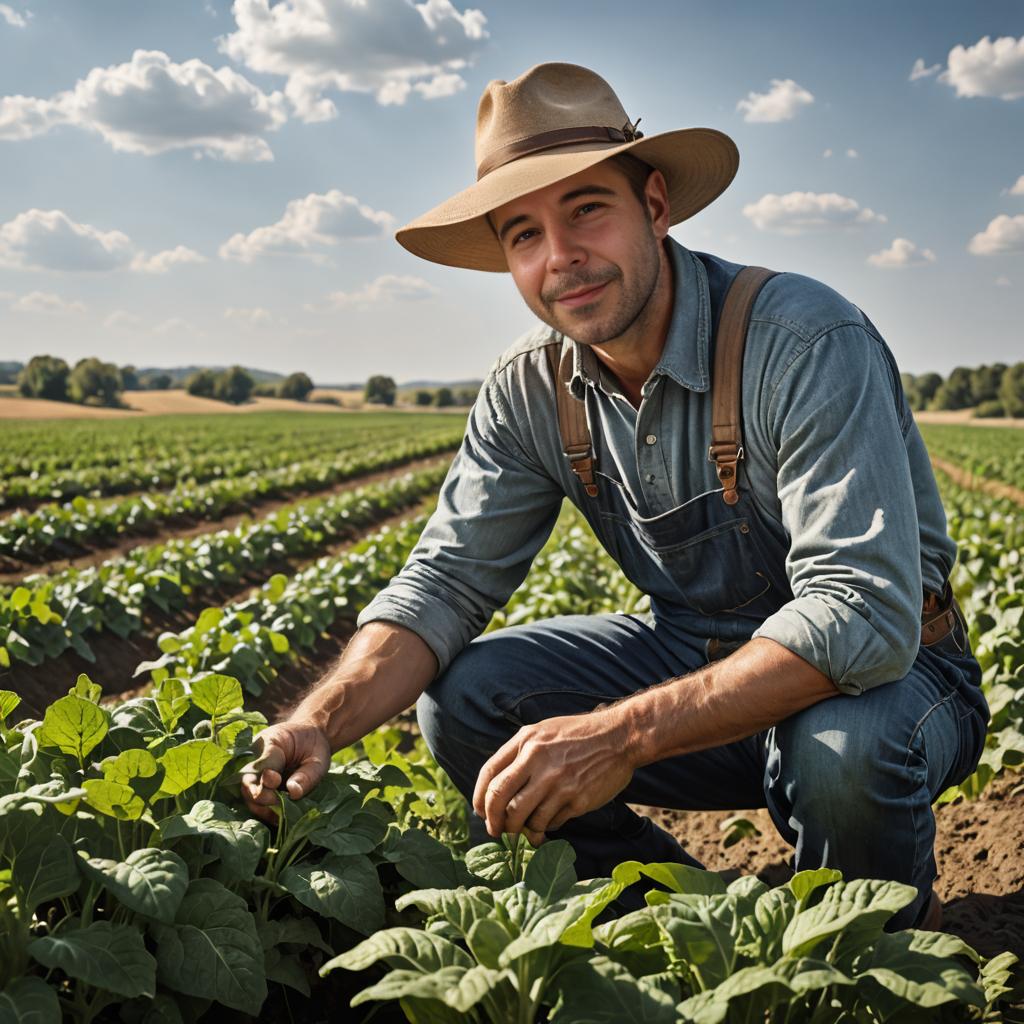 Man in workwear tending plants in a field