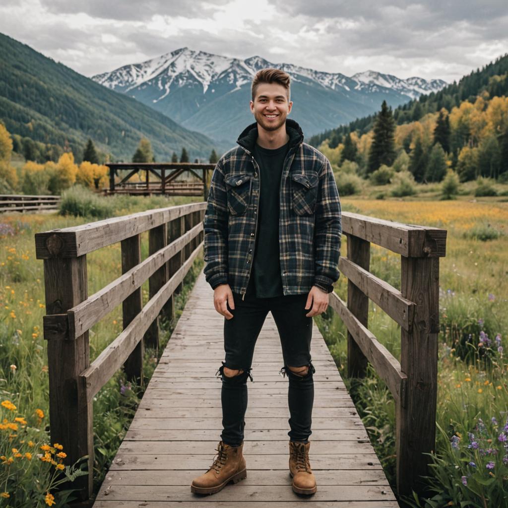 Man on Wooden Bridge with Mountain Landscape