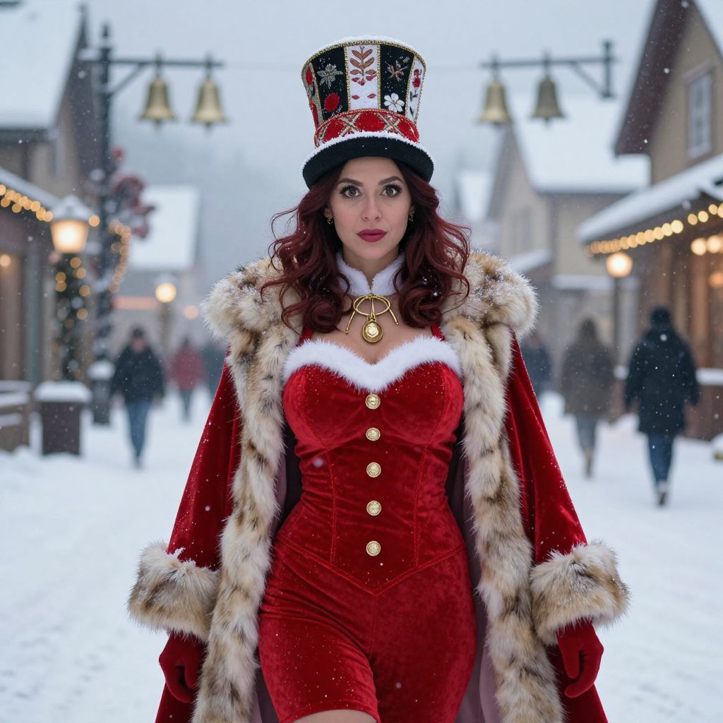 Festive Woman in Red Velvet Costume Walking in Snowy Village