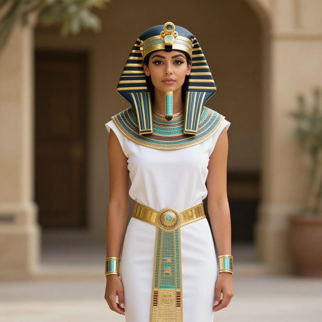 Woman in Traditional Ancient Egyptian Pharaoh Costume with Gold and Turquoise Accessories