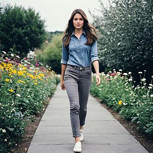 Confident Woman in Denim Shirt Walking in Flower Garden