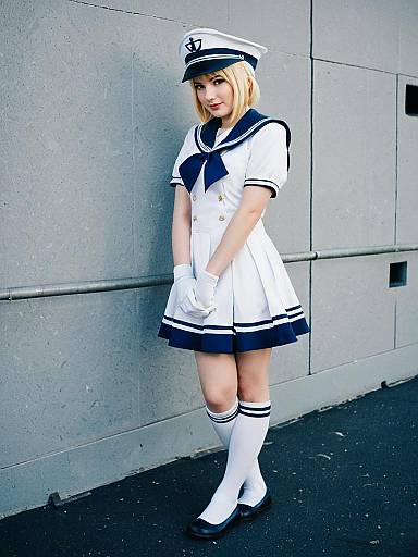 Woman in Navy-Inspired Sailor Uniform Standing Against Gray Wall