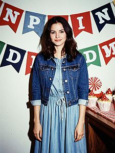 Young Woman Smiling at Birthday Party with Denim Jacket and Cupcakes