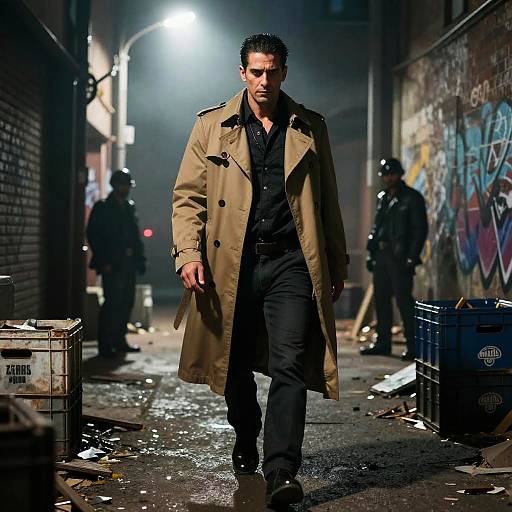 Man in Trench Coat Walking Through Moody Urban Alley with Graffiti