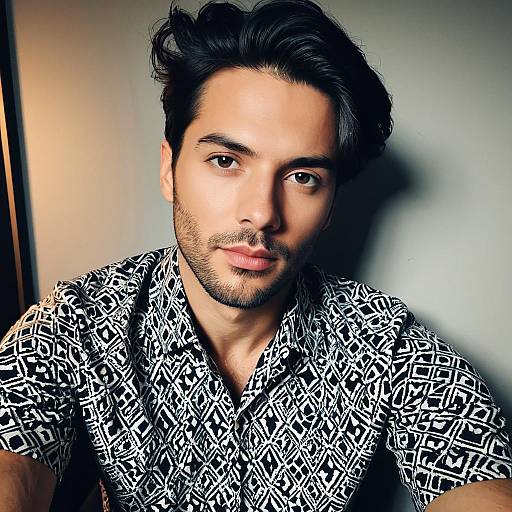 Close-Up Portrait of Young Man in Black and White Patterned Shirt