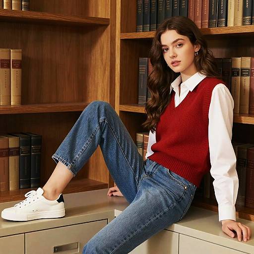 Young Woman in Red Vest and Blue Jeans in Cozy Library