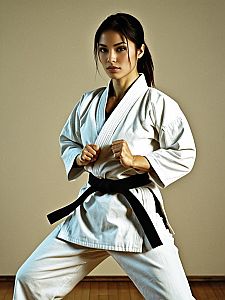Focused Woman in White Karate Gi with Black Belt Practicing Martial Arts