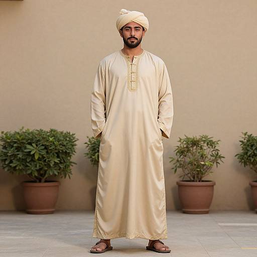 Middle Eastern Man in Traditional Beige Thobe and Turban Standing Outdoors