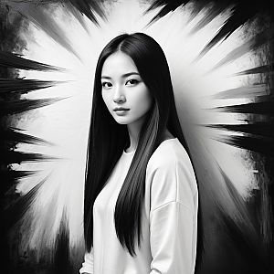 Black-and-white portrait of a young woman with abstract background