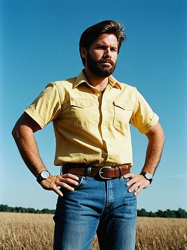 Confident Man Wearing Yellow Shirt and Blue Jeans in Outdoor Field